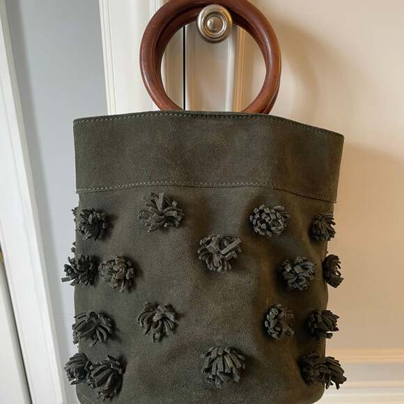 Anthropologie Tasseled Cowhide Suede Bucket Bag in Moss - Picture 1 of 6